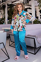 Женская атласная пижама блузка с цветочным принтом и брюки в больших размерах 50, Голубой