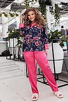 Женская атласная пижама блузка с цветочным принтом и брюки в больших размерах 54, розовый+синий