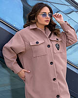 Кашемировое длинное женское пальто на пуговицах с карманами на груди в больших размерах