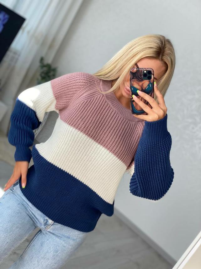 Жіночий в'язаний триколірний светр (42-48 універсал) СП