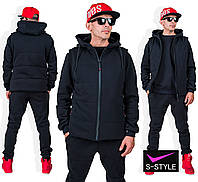 Мужской спортивный костюм тройка ( кофта с принтом + курточка на молнии + штаны с карманами ) XL, Черный