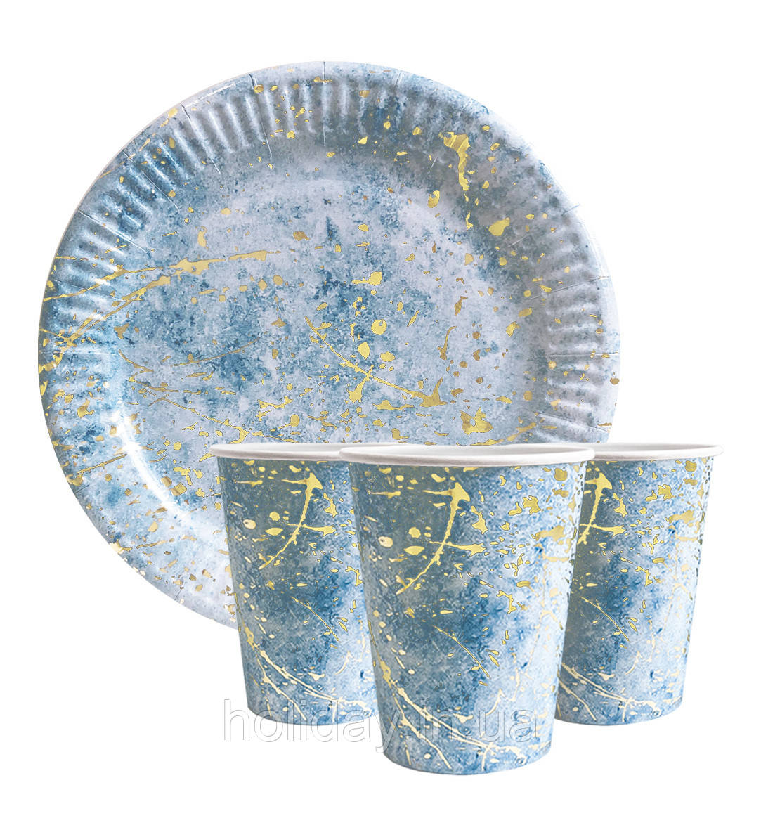 Набір одноразового посуду "Блакитний мармур з золотом" Тарілки -10 шт Стаканчики - 10 шт