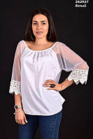 Блуза котонова жіноча молодіжна  нарядна з мереживом у білому кольорі -більшемірять