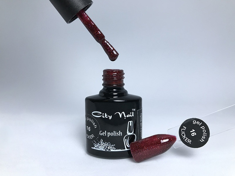 Гель лак гліттер City Nail FLICKER № 16 темно червоний з блискітками, фото 1