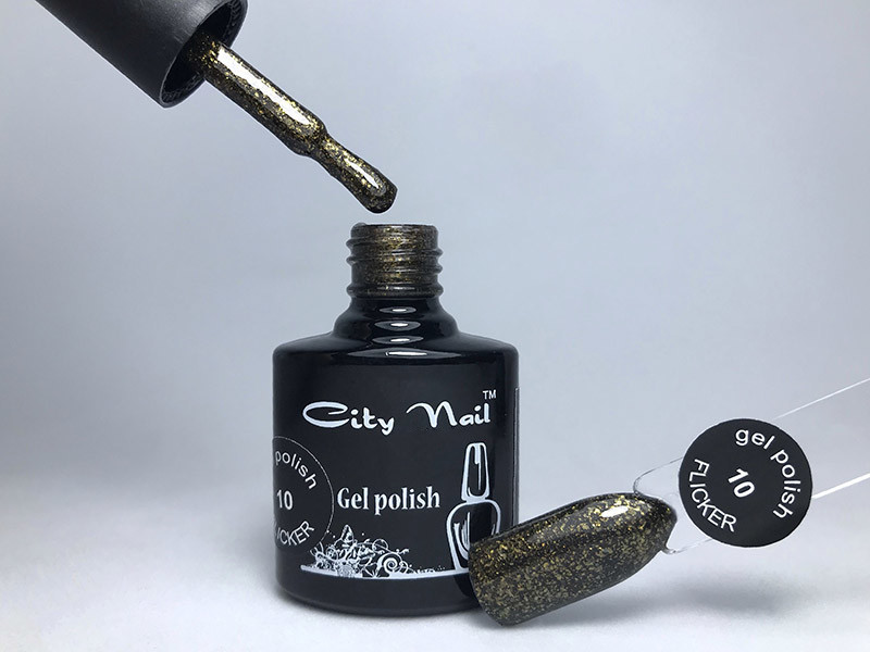 Гель-лак з глітером FLICKER № 10 коричневий з золотистими блискітками, фото 1