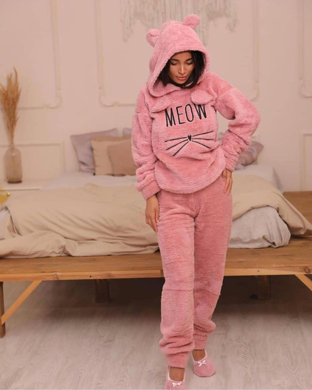 Піжама жіноча тепла махрова з вушками (кофта та штани) м'яу S, фото 1