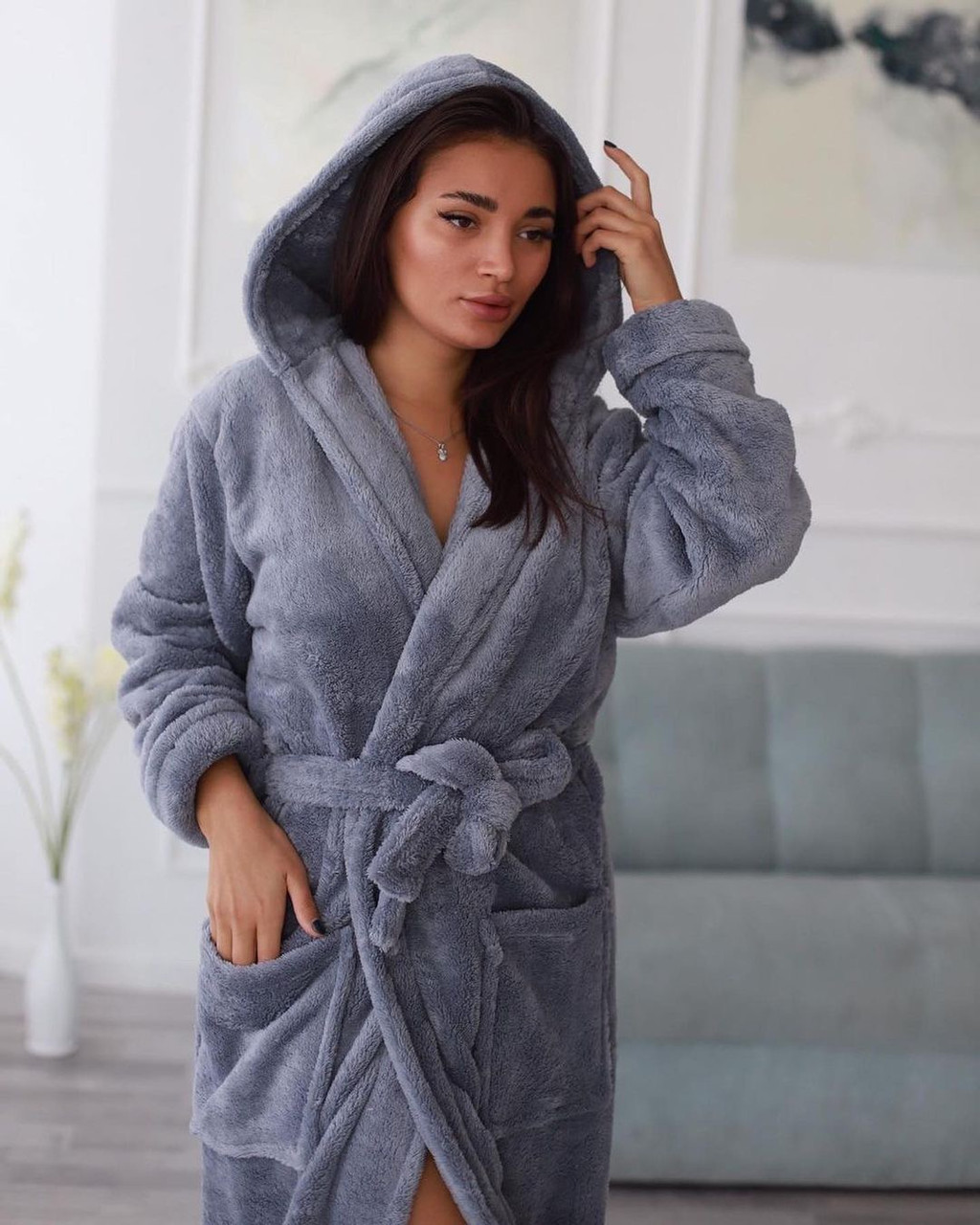 Махровий халат жіночий довгий лазневий халат сірий, фото 1