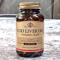 Масло печени трески + А и Д SOLGAR Cod Oliver Oil vitamins A & D 100 гелевых капсул