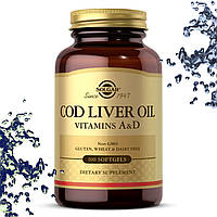 Масло печінки тріски + А і Д SOLGAR Cod Oliver Oil vitamins A & D 100 гелевих капсул