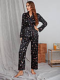 Шовкова піжама жіноча. Комплект атласний з довгим рукавом і штанами для дому, сну. Розмір S (чорний), фото 6
