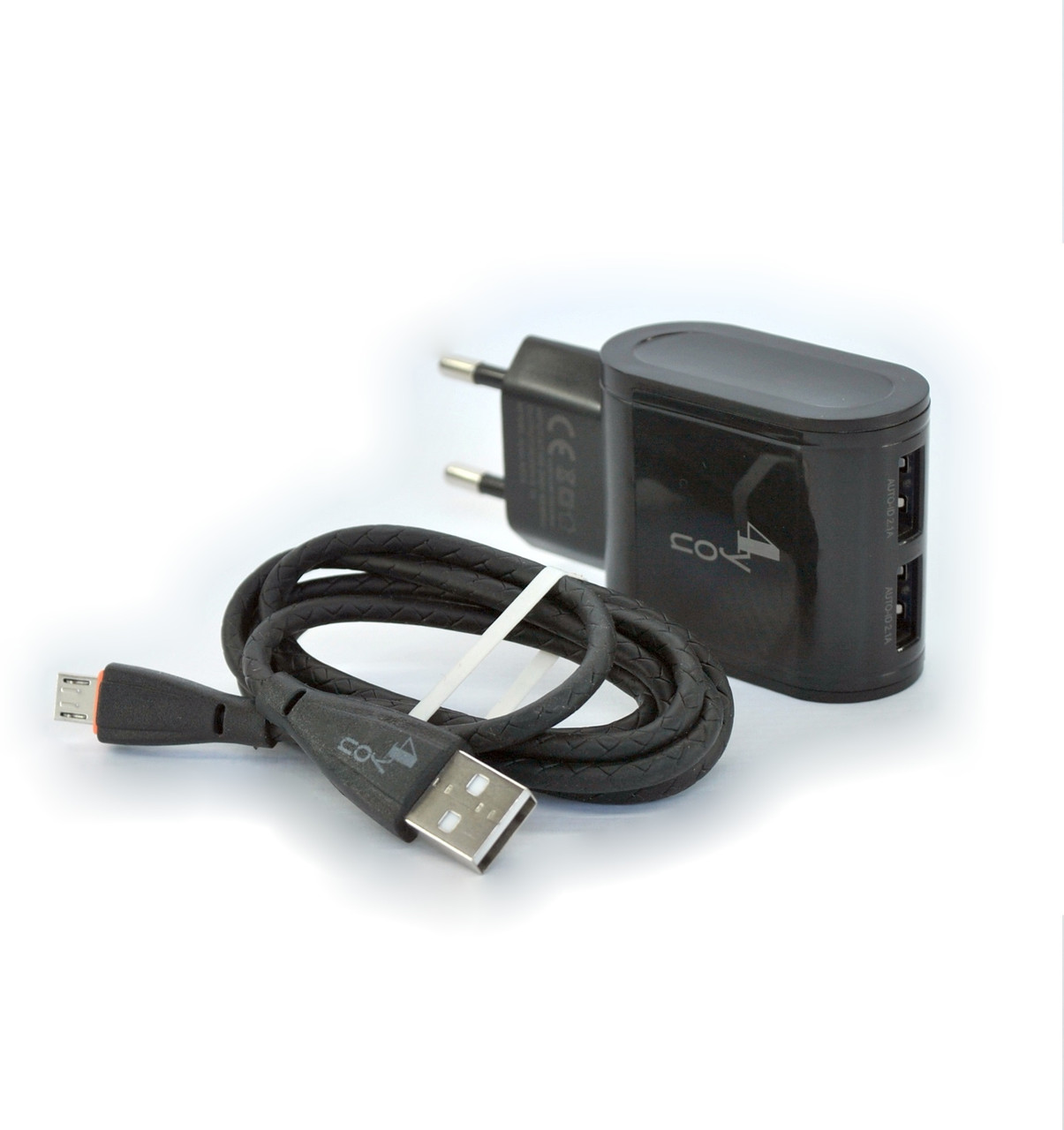 Зарядний пристрій USB 4you A22S (2.4A, Smart IC, Auto ID, 2USB, Led підсвічування) black з кабелем Micro