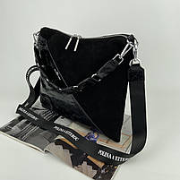 Жіноча замшева сумка на та через плече з текстильним ремінцем Polina & Eiterou чорна, фото 7