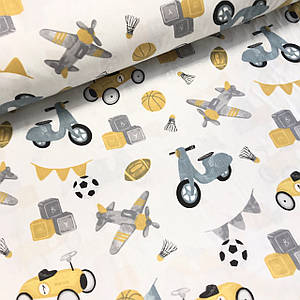 Тканина поплін намальовані жовто-сірі літачки, машинки, м'ячики, кубики (ТУРЦІЯ шир. 2,4 м) (R-T-0243)
