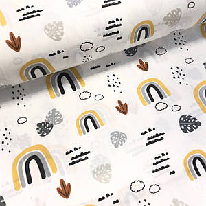 Тканина поплін намальовані жовто-сірі веселки з листям папороті на білому (ТУРЦІЯ шир. 2,4 м) (R-T-0239)