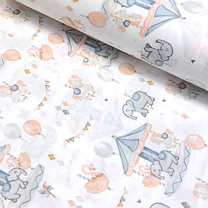 Тканина поплін намальовані каруселі з тваринами в сіро-пудрових тонах на білому (ТУРЦІЯ шир. 2,4 м) (R-T-0534)