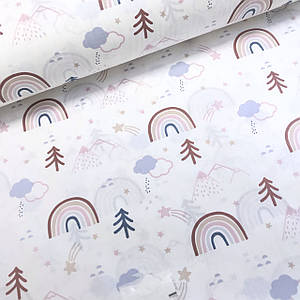 Тканина поплін намальовані ялинки, гори, веселки бежево-рожеві на білому (ТУРЕЧЧИНА шир. 2,4 м) T