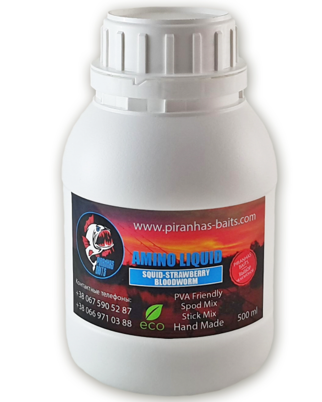 Ліквід Piranhas Baits Amino Liquid Squid - Strawberry - Bloodworm 500 ml, фото 1