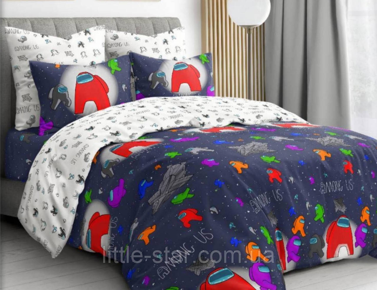Комплект підліткової постільної полуторної білизни Амонг ас, Бязь Люкс, Тиротекс, біло-синій