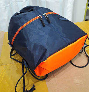 Рюкзак сумка-мішок для змінного взуття синій жовтогарячий на шнурках спереду чотири накладні кишені Dolly 832, фото 2
