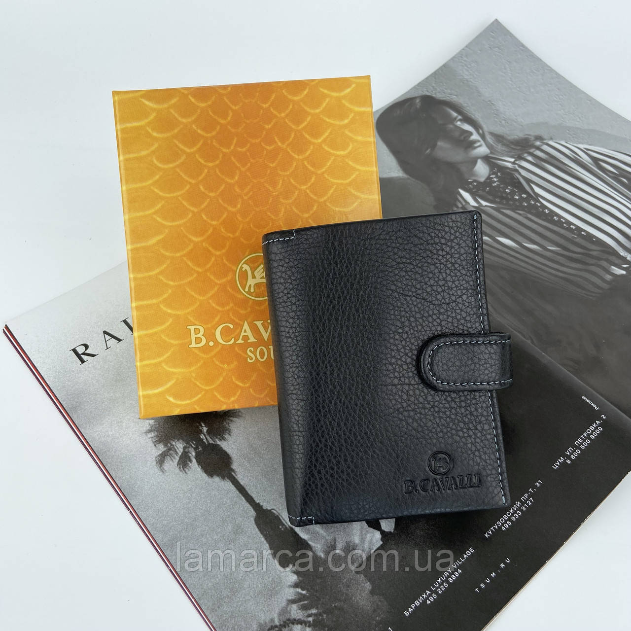 Чоловічий шкіряний італійський складаний гаманець на кнопці чорний B. Cavalli