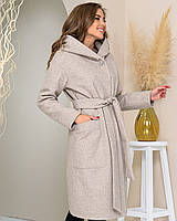 Тепле кашемірове пальто з капюшоном, арт 176, колір сіро-бежевий