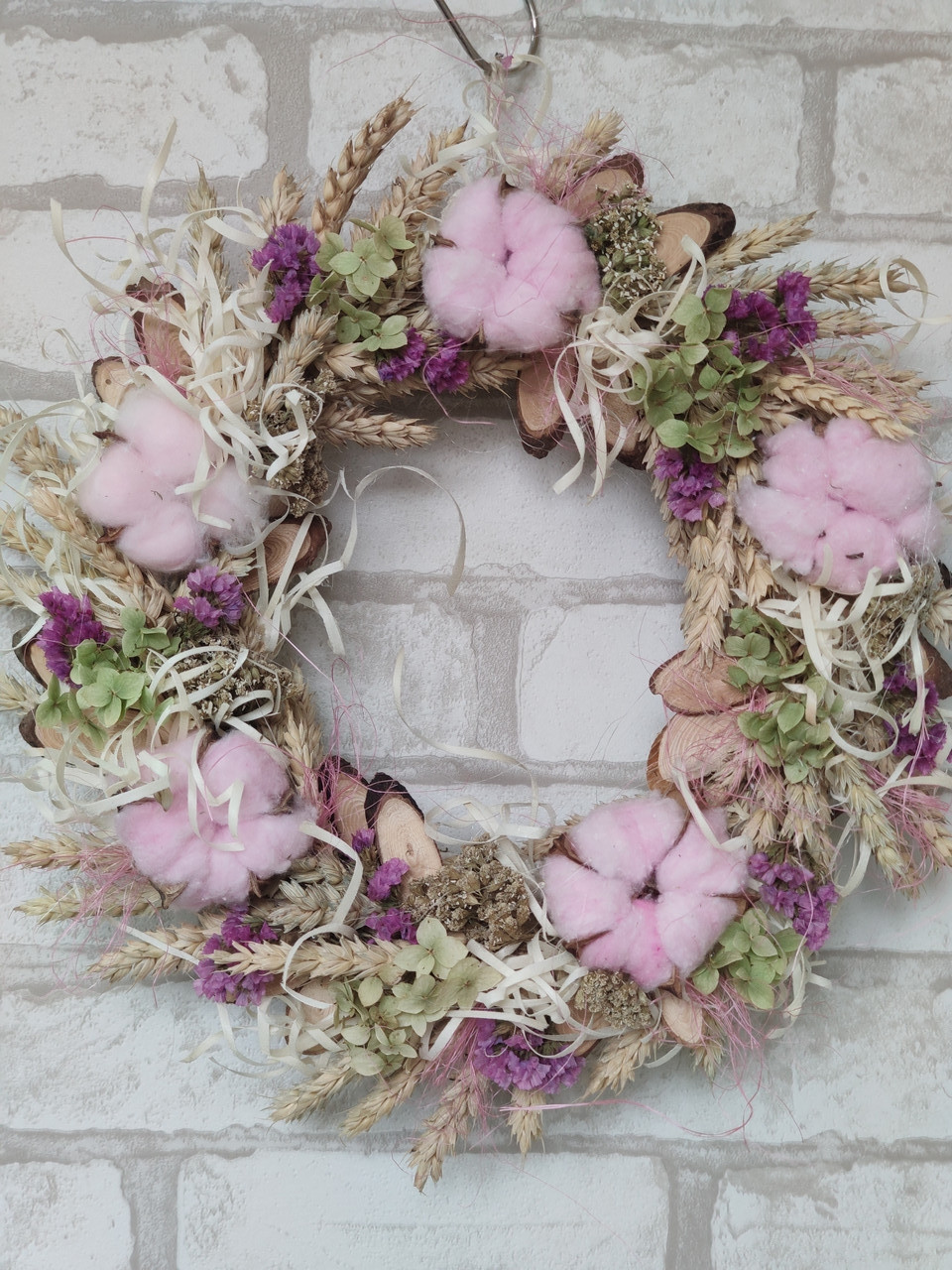 Вінок з бавовною з натуральних матеріалів. Д 35 см, фото 1