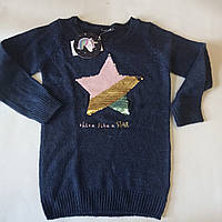 Дитячий теплий светр подовжений для дівчинки 104 синій із паєтками Cool club