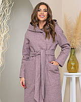Тепле кашемірове пальто з капюшоном, арт 176, колір сіро-рожевий/пудра