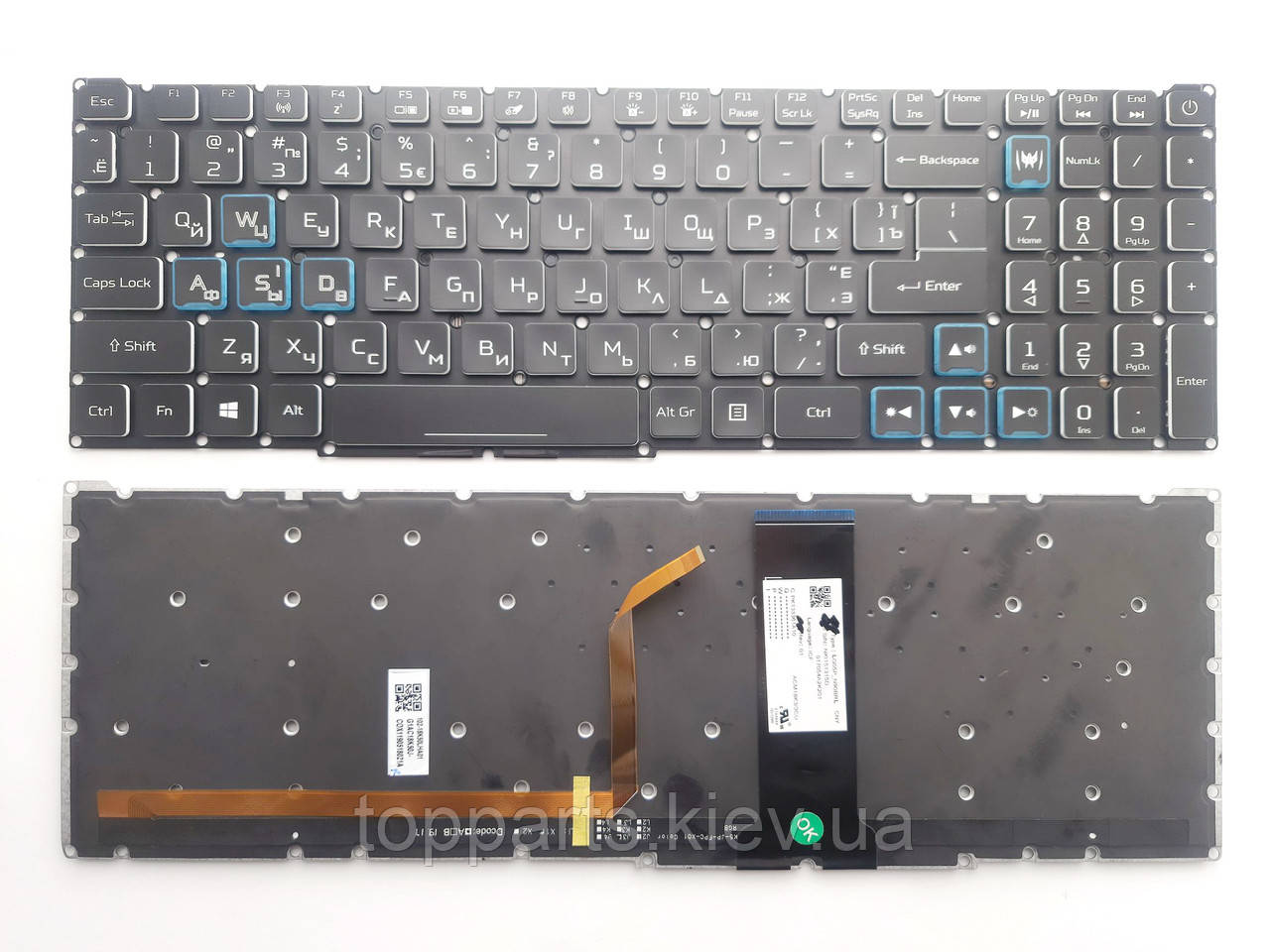 Клавіатура для ноутбуків Acer Nitro AN515, AN517, AN715 чорна без рамки різнокол. підсвітка (blue) UA/RUUS