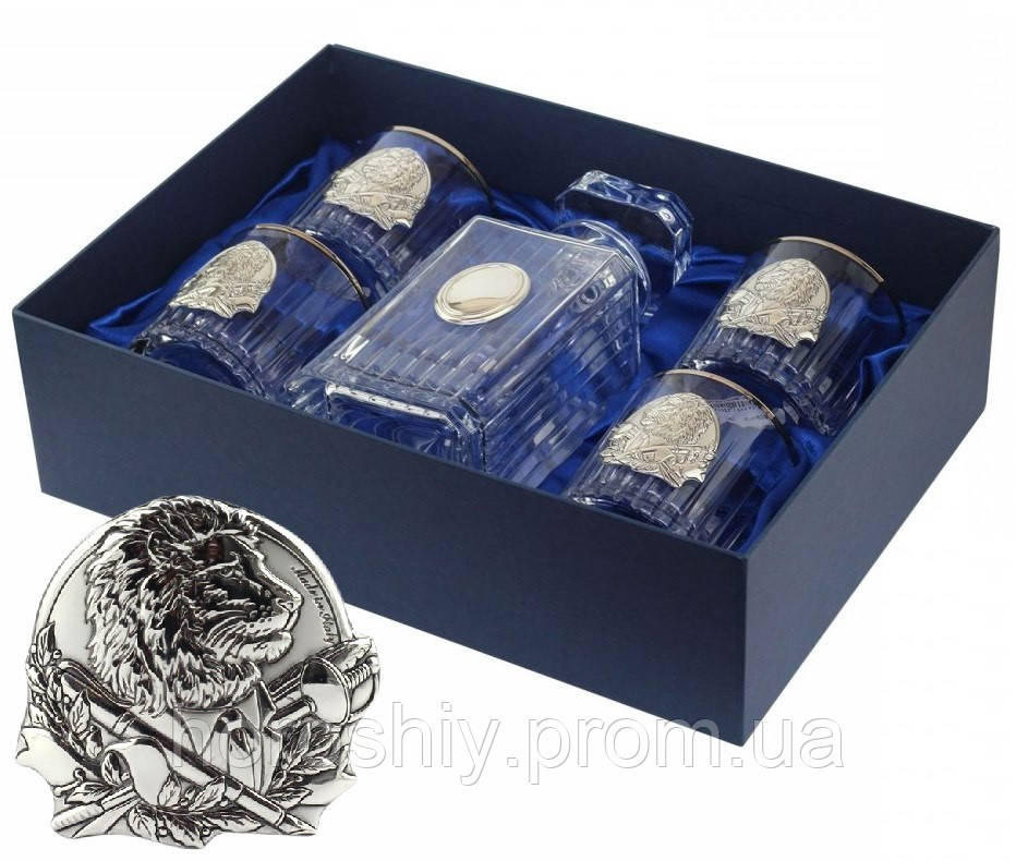 Кришталевий подарунковий набір Графин і склянки для віскі RCR срібло платина, Сет для віскі Boss Crystal директорський Квінта Лев