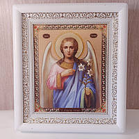 Икона Гавриил святой Архангел, лик 15х18 см, в белом деревянном киоте