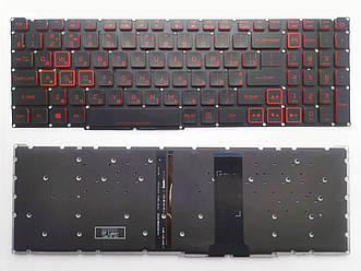 Клавіатура для ноутбука Acer Aspire Nitro AN515-43 чорна без рамки, з підсвічуванням, червоні символи UA/RU/US