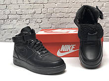Зимові шкіряні чоловічі кросівки з хутром Nike Air Force високі "Чорні" р. ;40-45