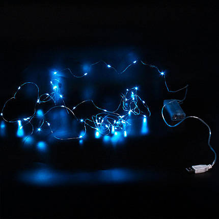 Xmas гірлянд 50 Led 5M (Copper) на мідному дроті (Крапля роси) B BLUE працює від батарей + USB, фото 1