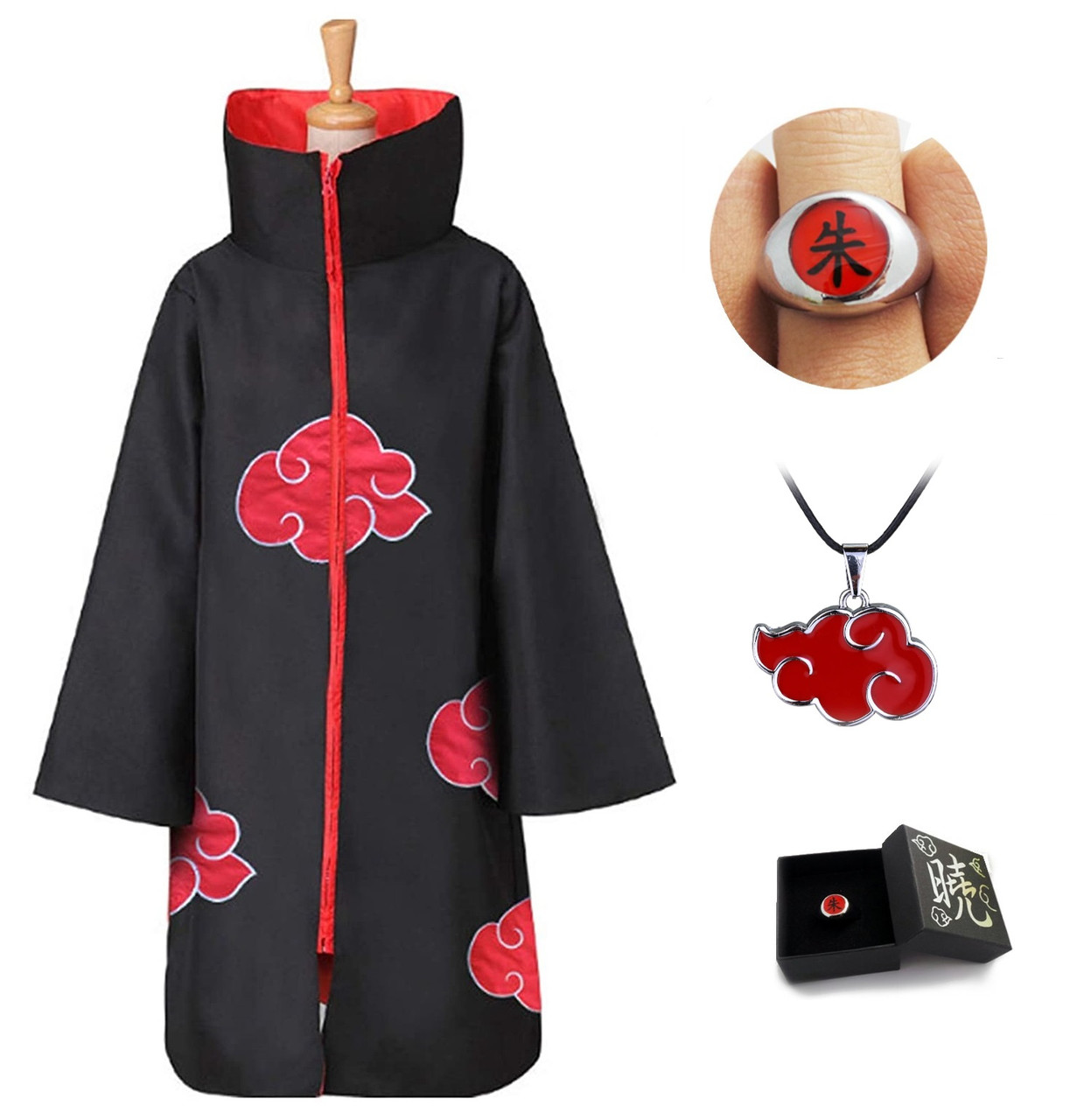 Набір Акацукі Наруто: Плащ (хмара), кільце Шаринган, ланцюжок-шнурок Naruto, фото 1