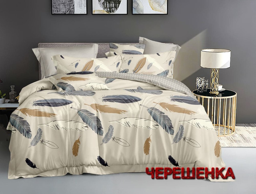 Тканина для постільної білизни Бязь "Gold" Lux GL1760-beige (A+B) - (50м+50м) пір'я на бежевому