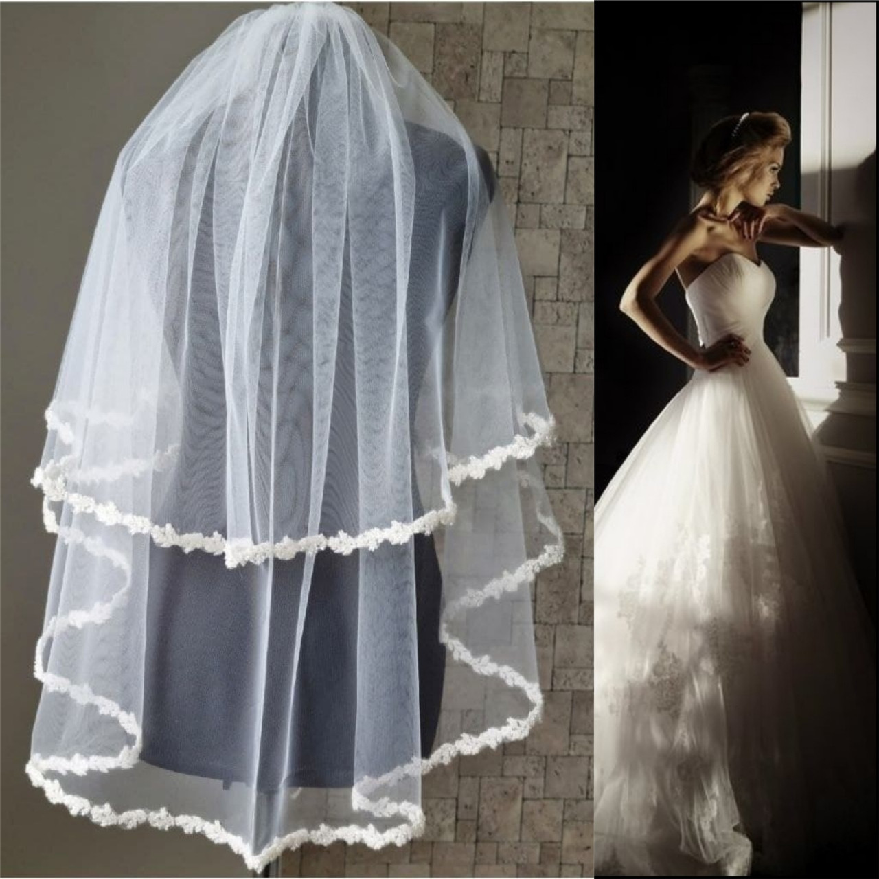 🔥Розпродаж! Довга двоярусна весільна Фата-шлейф ажурна SF для Нареченої Біла/Айворі (sf-332)