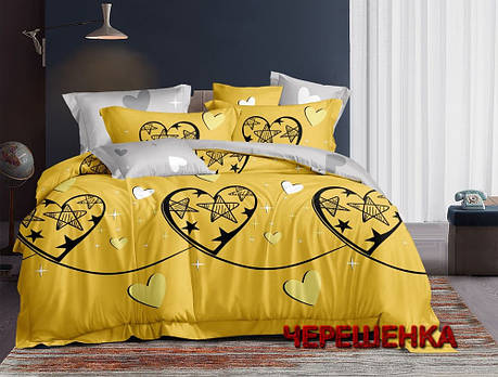 Тканина для постільної білизни Бязь "Gold" Lux GL1761 (A+B) - (50м+50м) серця на жовтому та сірому, фото 1