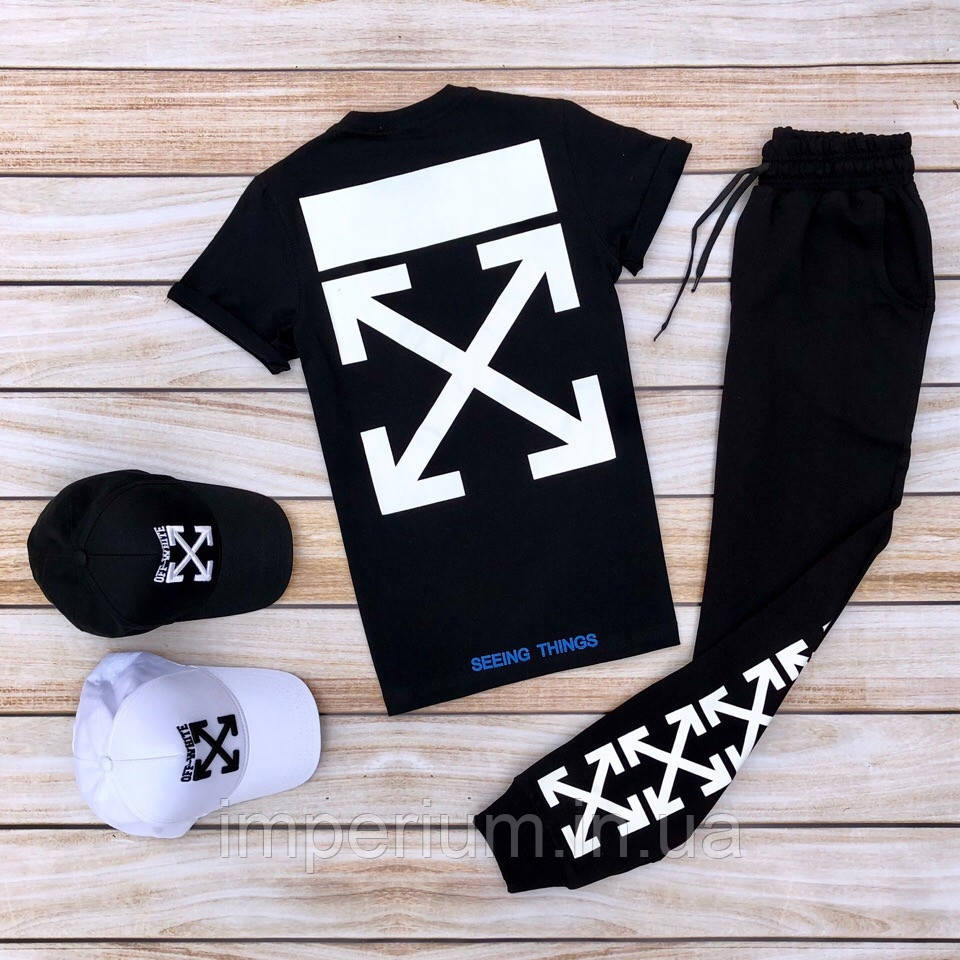 Спортивний літній костюм off white seeing things | чорна футболка та чорні штани, фото 1