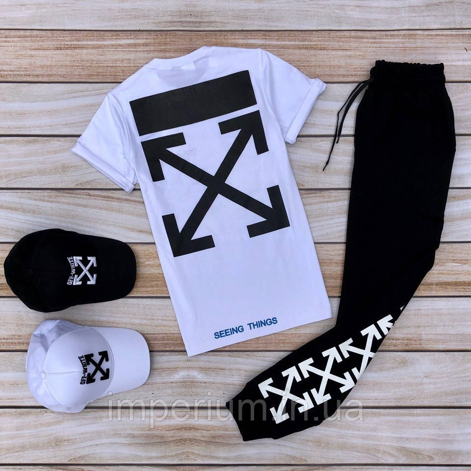 Спортивний літній костюм off white seeing things | біла футболка та чорні штани офф вайт