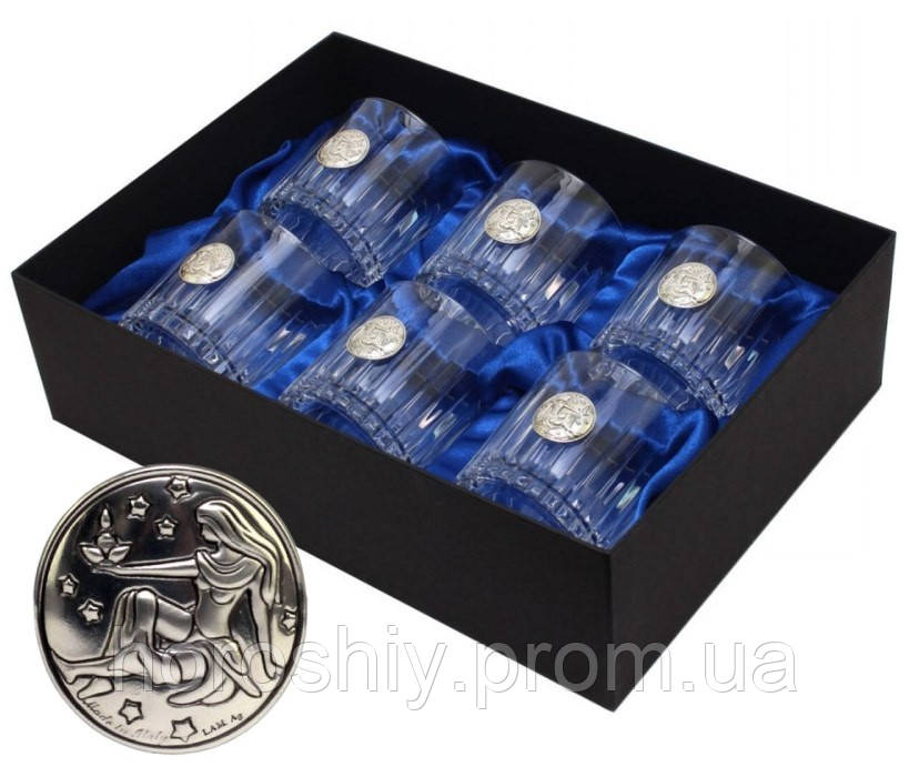 Подарунковий набір для горілки кришталь з сріблом знак зодіаку Діва 6 чарок
