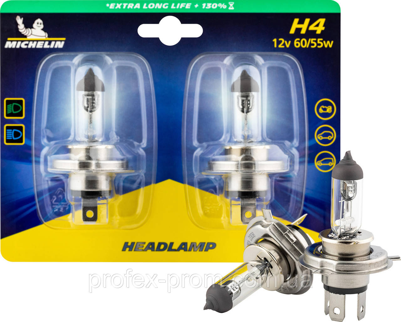 Автолампа двублочна Michelin H4 12V 60/55W P43T Long Life 130% (W32286) (шт.)