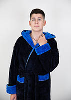 Мужской махровый теплый банный халат подарок зимний синий длинный софт с капюшоном Турция размер XL,3XL
