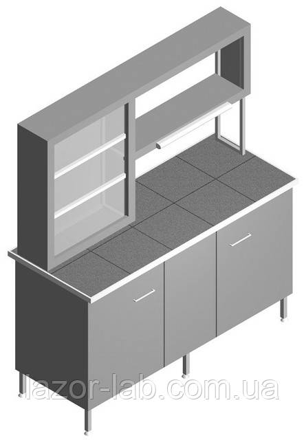 Стіл лабораторний пристінний із титральним табло, закритий із полицею.