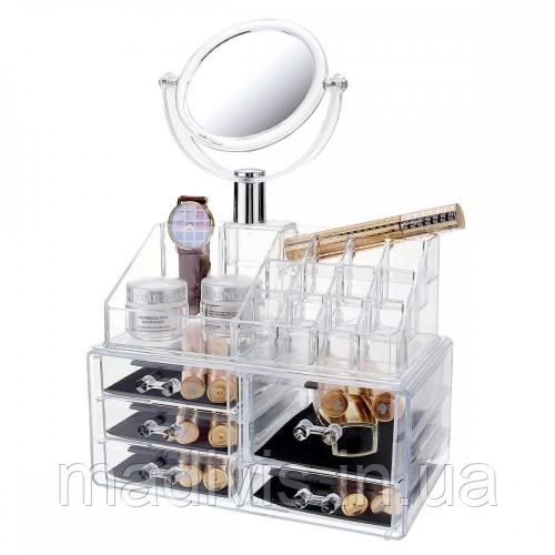 Акриловий органайзер для зберігання косметики Cosmetic Storage Box GW-828 із дзеркалом, фото 1