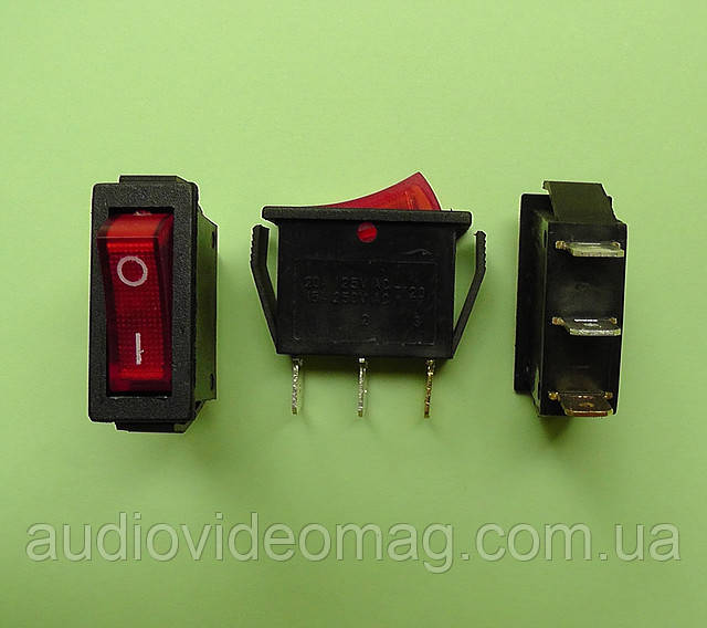 Перемикач клавішний 250V 15A, червоний 28.5 х 10.5 мм, з підсвічуванням