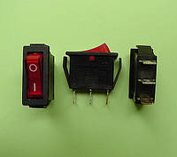 Переключатель клавишный 250V 15A, красный 28.5 х 10.5мм, с подсветкой