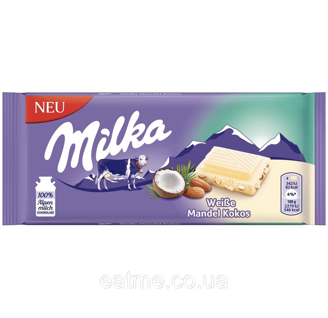 Milka Білий шоколад із мигдалем і кокосом 90g