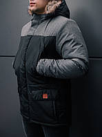 Мужская удлиненная стеганая куртка серая с капюшоном зима/осень. Мужское серое пальто. Мужская парка