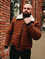 Мужская Стеганная короткая коричневая замшевая куртка с мехом без капюшона зима. Мужская зимняя короткая парка